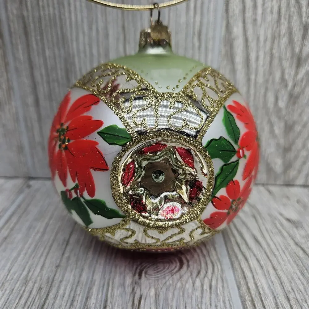 Vintage Hallmark Christmas Ornament Poinsettia Indent Ball Glass Red Gold 4 Inch